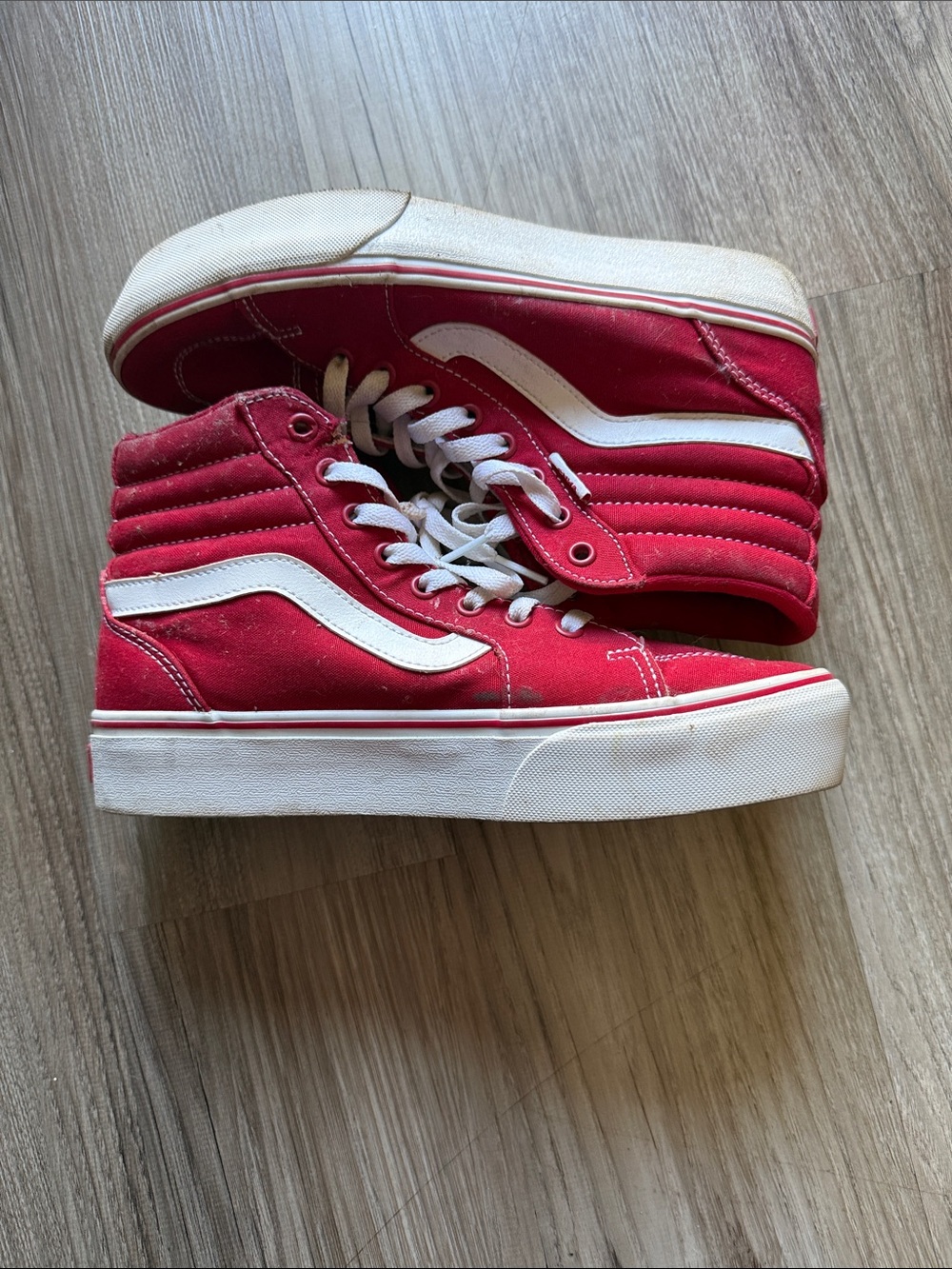 Vans Red and White High Top Skate Sneakers